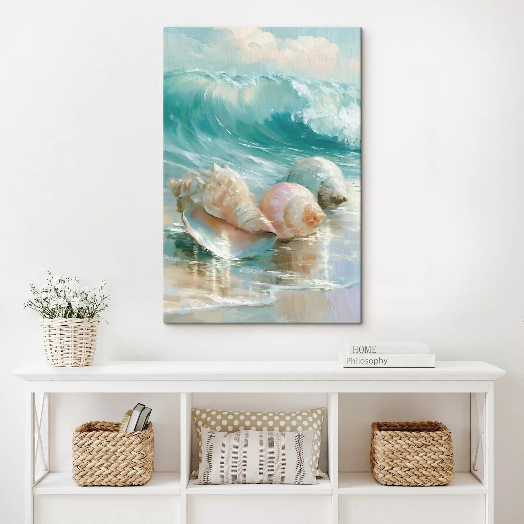  Peintures Une nature morte côtière paisible : trois coquillages délicats posés sur du sable lisse et humide au bord de l'océan, dans un style inspiré de la peinture à l'huile s49884