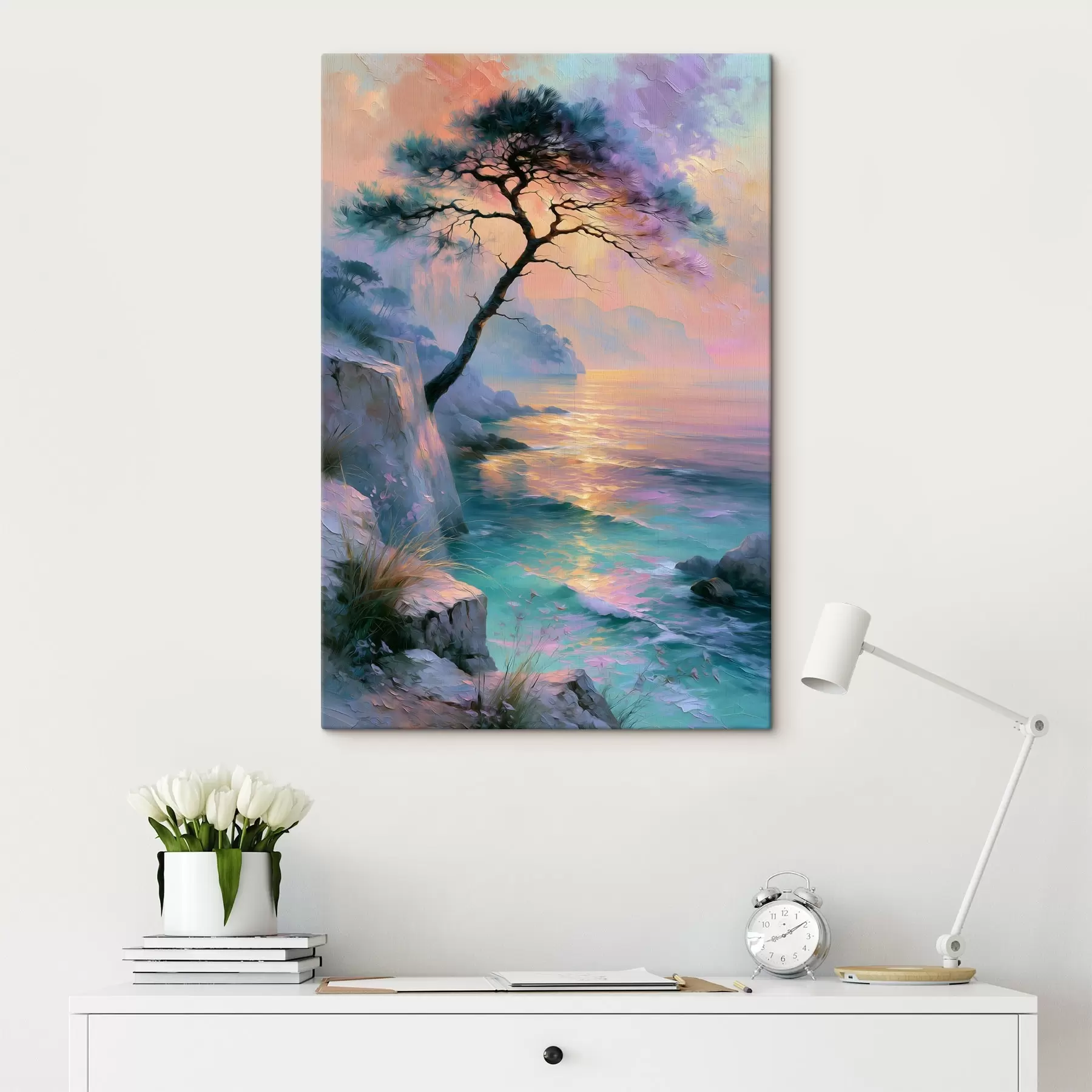  Peintures Paysage majestueux de la côte méditerranéenne au coucher du soleil, peint dans le style de la peinture à l'huile, mettant en scène un pin ancien, marqué par les intempéries s49885