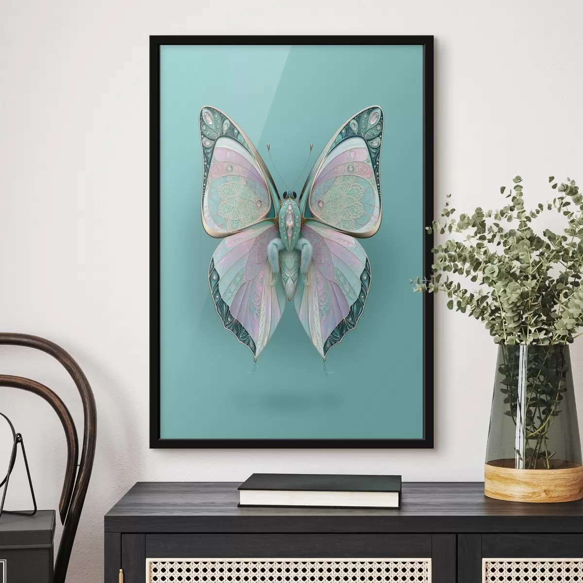 Affiche Un papillon dans le style des bijoux précieux, sur fond turquoise f49864
