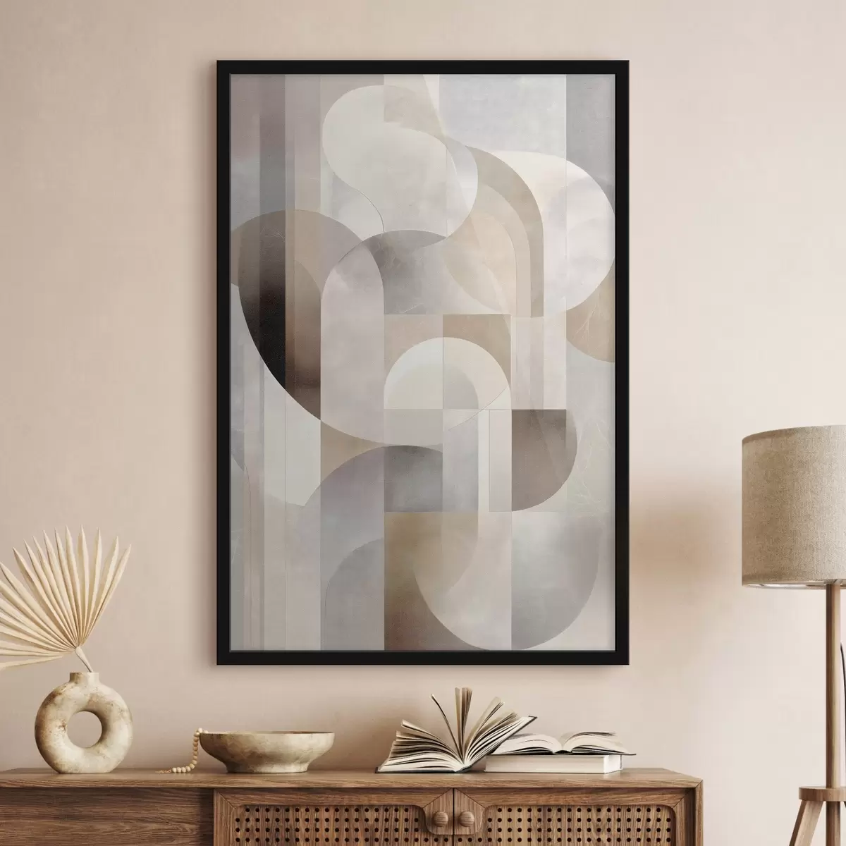 Affiche Une composition minimaliste, géométrique et abstraite, déclinée dans une palette de nuances douces de beige, crème, gris-brun et gris-beige f49876