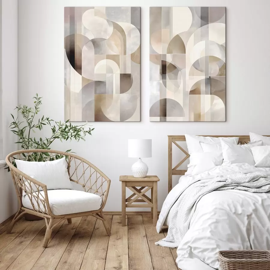  Peintures Une composition minimaliste, géométrique et abstraite, déclinée dans une palette de nuances douces de beige, crème, gris-brun et gris-beige m30725
