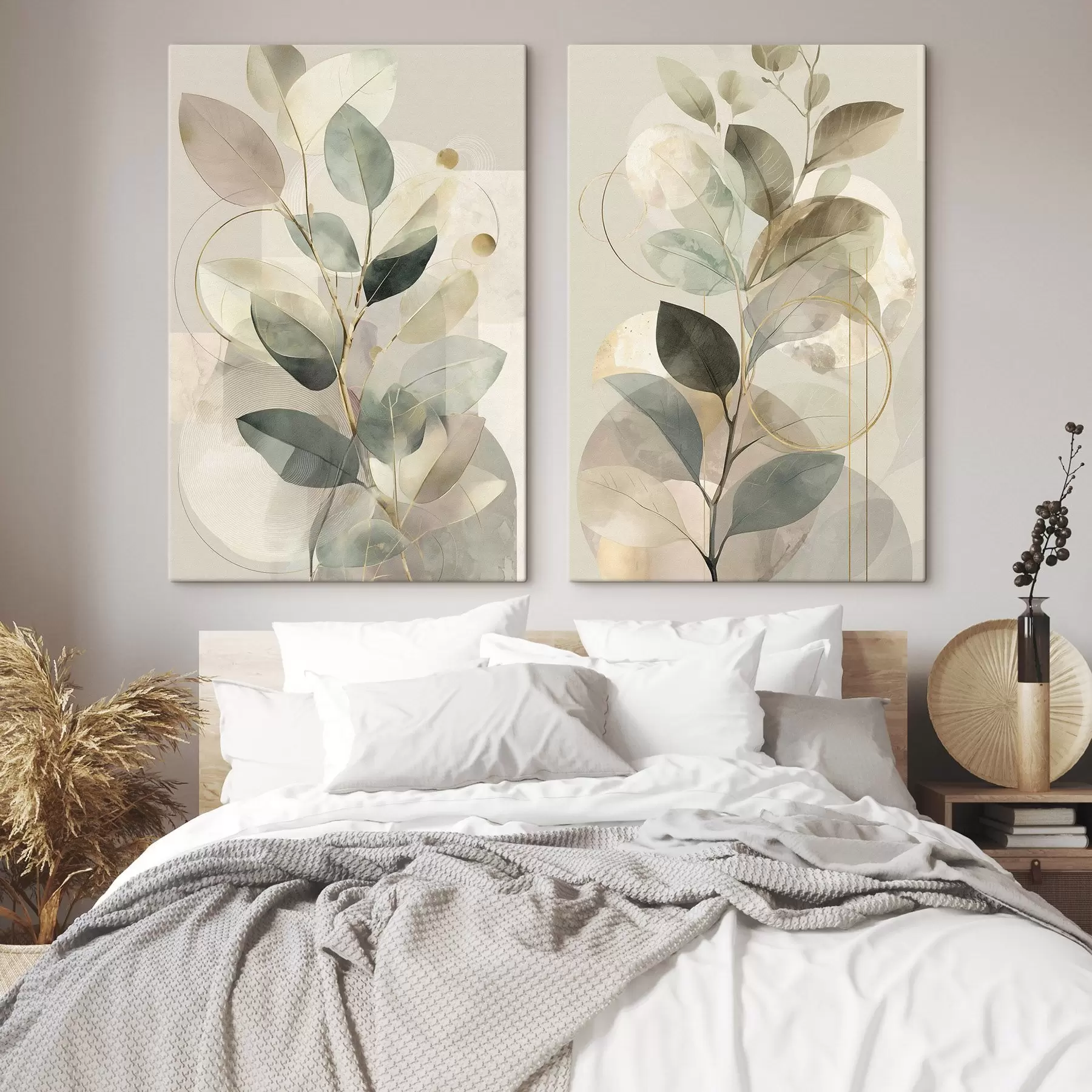  Peintures Œuvre d'art abstraite minimaliste sur le thème botanique, représentant une élégante branche d'olivier aux feuilles d'un vert sauge délicat et d'un beige chaleureux m30726