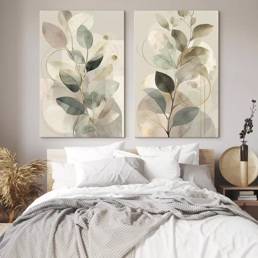  Peintures Œuvre d'art abstraite minimaliste sur le thème botanique, représentant une élégante branche d'olivier aux feuilles d'un vert sauge délicat et d'un beige chaleureux m30726