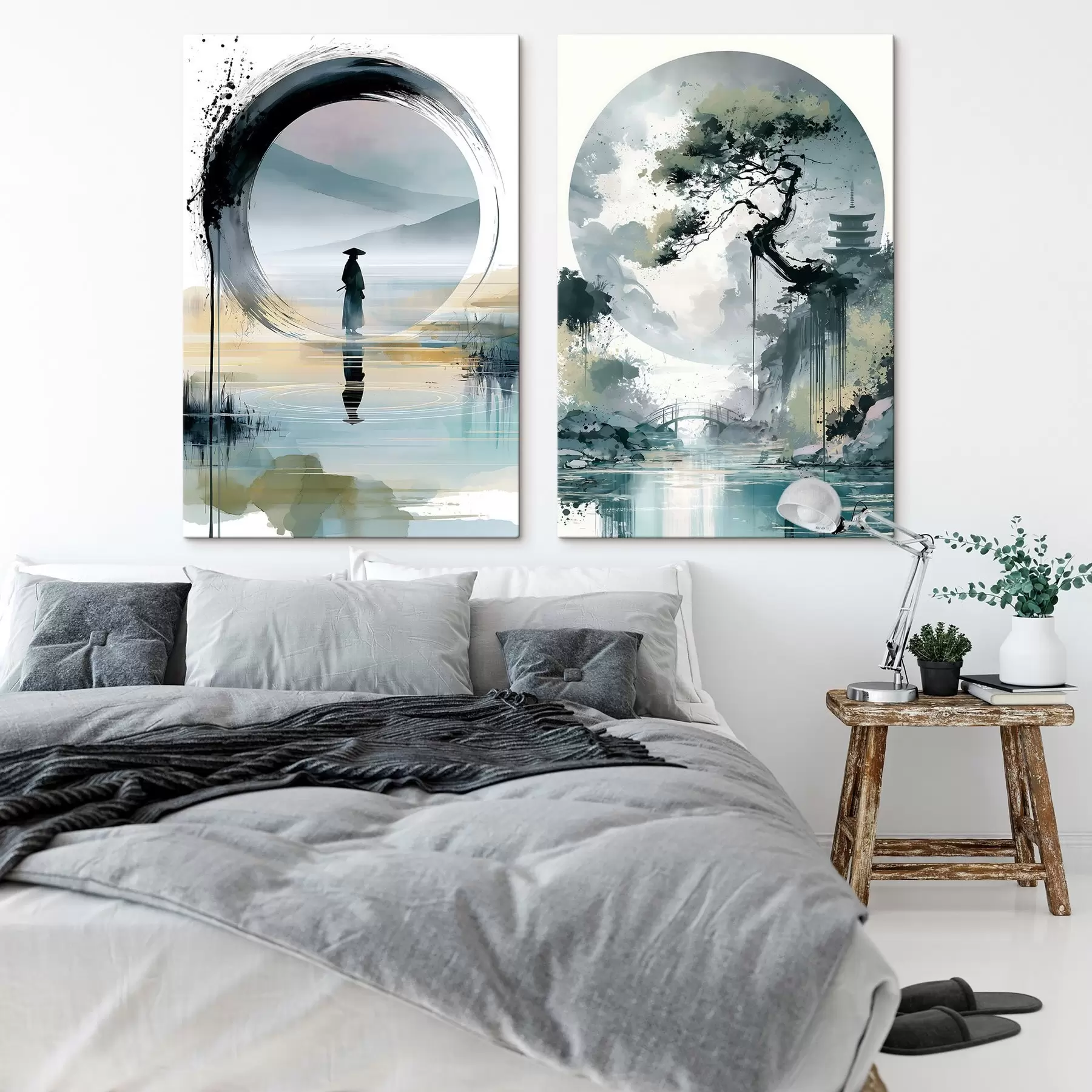  Peintures Un paysage japonais de style sumi-e représentant un pin élancé, un pont et une pagode se détachant sur des eaux calmes ; un samouraï, un cercle « enso », un paysage à l'aquarelle m30727