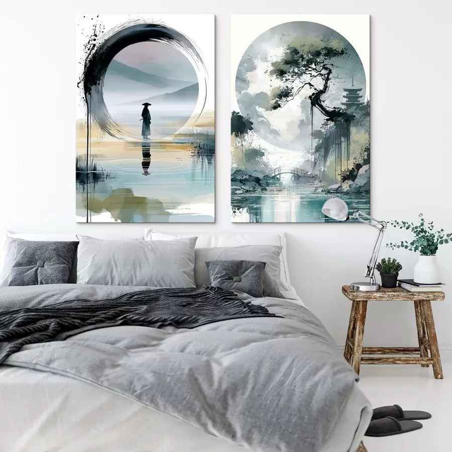  Peintures Un paysage japonais de style sumi-e représentant un pin élancé, un pont et une pagode se détachant sur des eaux calmes ; un samouraï, un cercle « enso », un paysage à l'aquarelle m30727