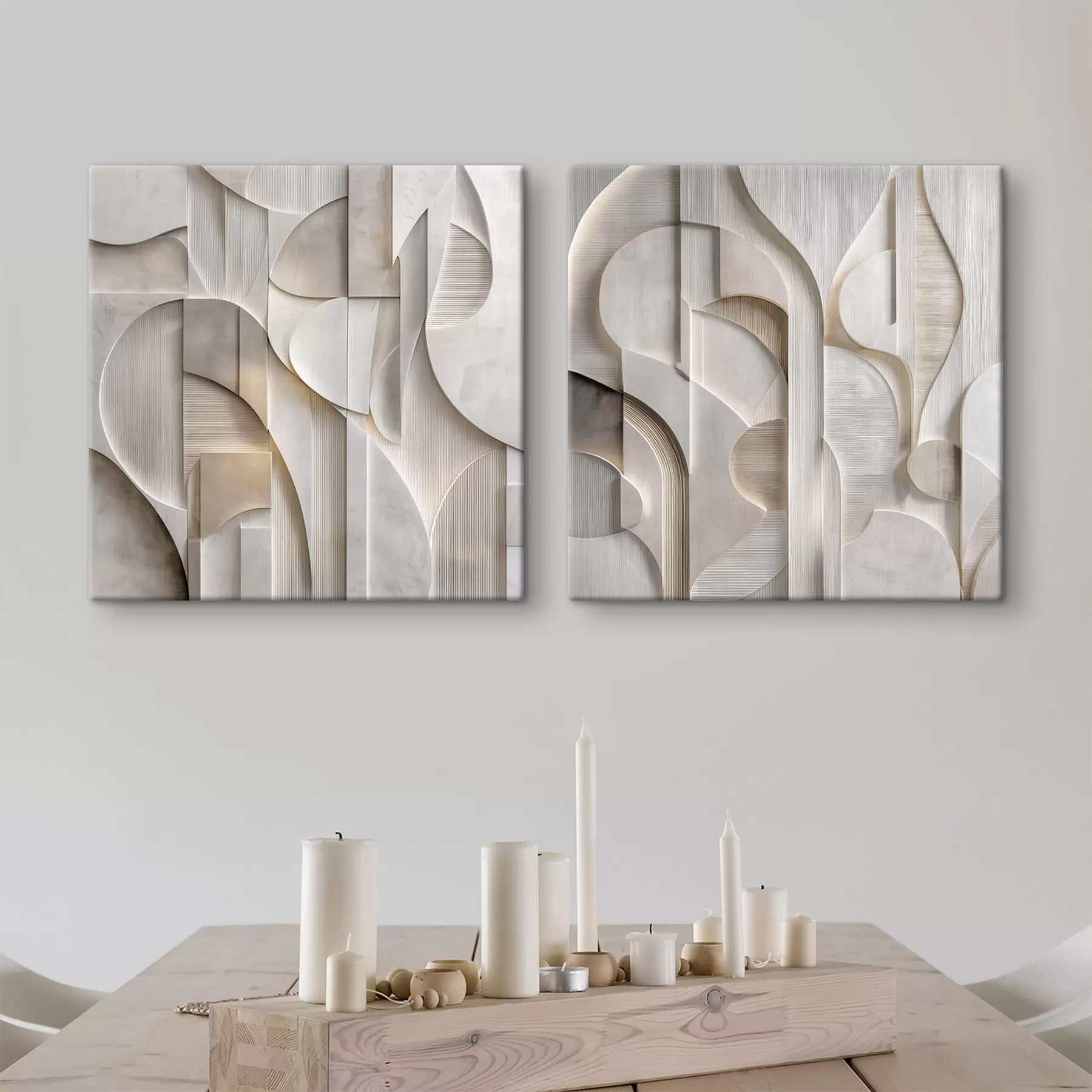  Schilderijen Een abstracte compositie in reliëfstijl, waarin vormen en lagen in zachte grijs-beige tinten worden nagebootst m30728