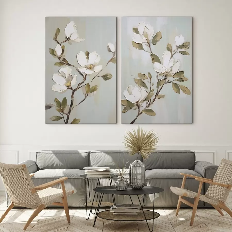 Fotobehang Een tak met magnoliabloemen, naar een schilderij m30734