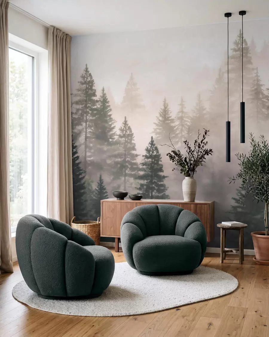 Fotobehang Een mistig naaldbos in donkergroene tinten, geschilderd in aquarelstijl w09929