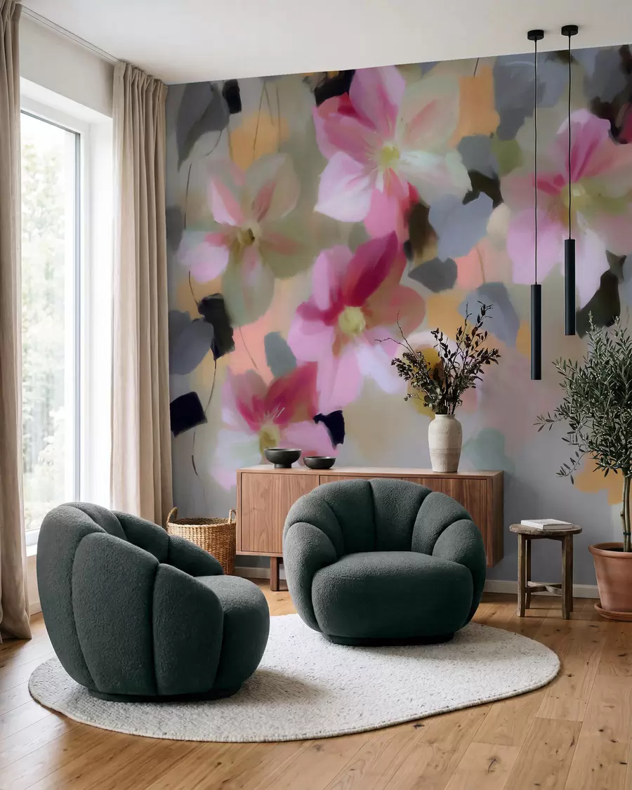 Fotobehang Een heldere en luchtige compositie met hangende bloemen in aquarelstijl w09931