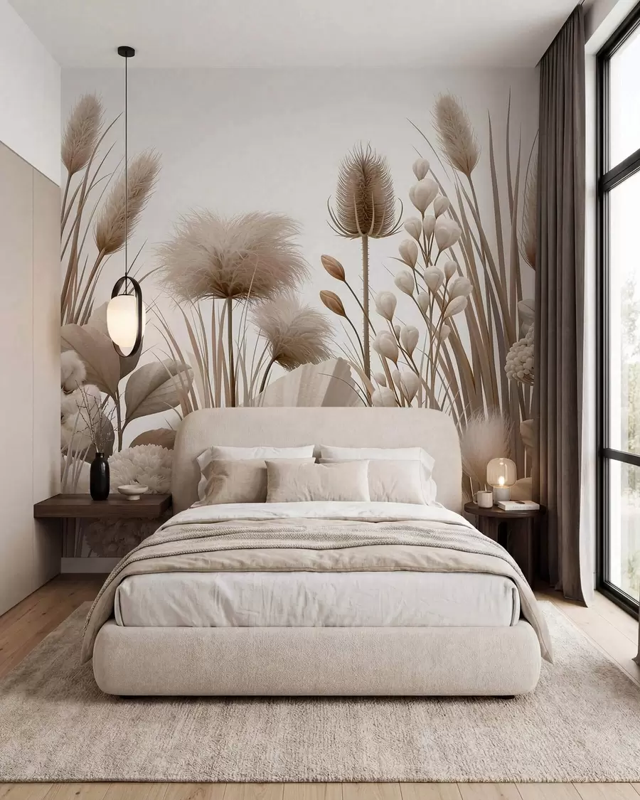 Fotobehang Hoge beige droogbloemen in neutrale beige tinten w09932