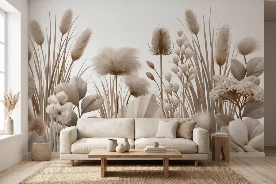 Fotobehang Hoge beige droogbloemen in neutrale beige tinten w09932