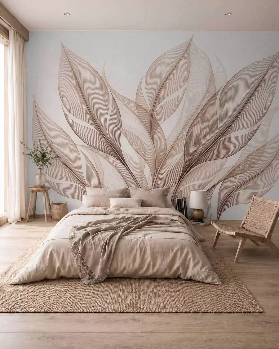 Fotobehang Elegante botanische compositie met grote, gestileerde bladeren w09944