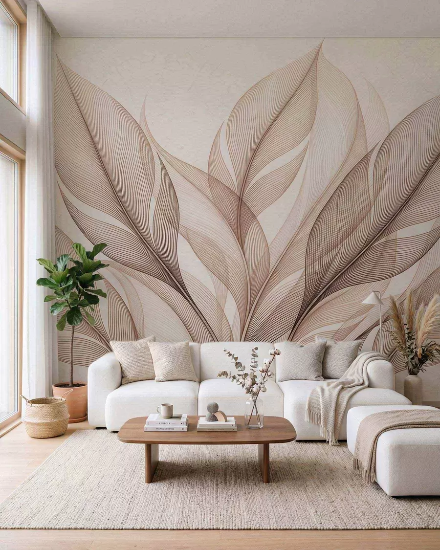 Fotobehang Elegante botanische compositie met grote, gestileerde bladeren w09944