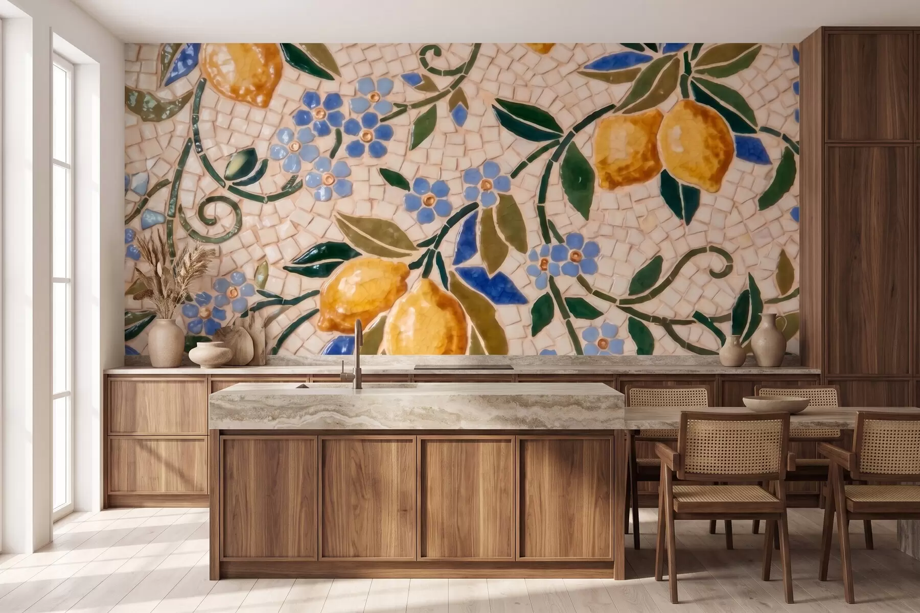 Papier peint photo Composition décorative aux couleurs vives, dans le style d'une mosaïque en céramique, représentant des citrons juteux, des fleurs, des feuilles et des branches w09948