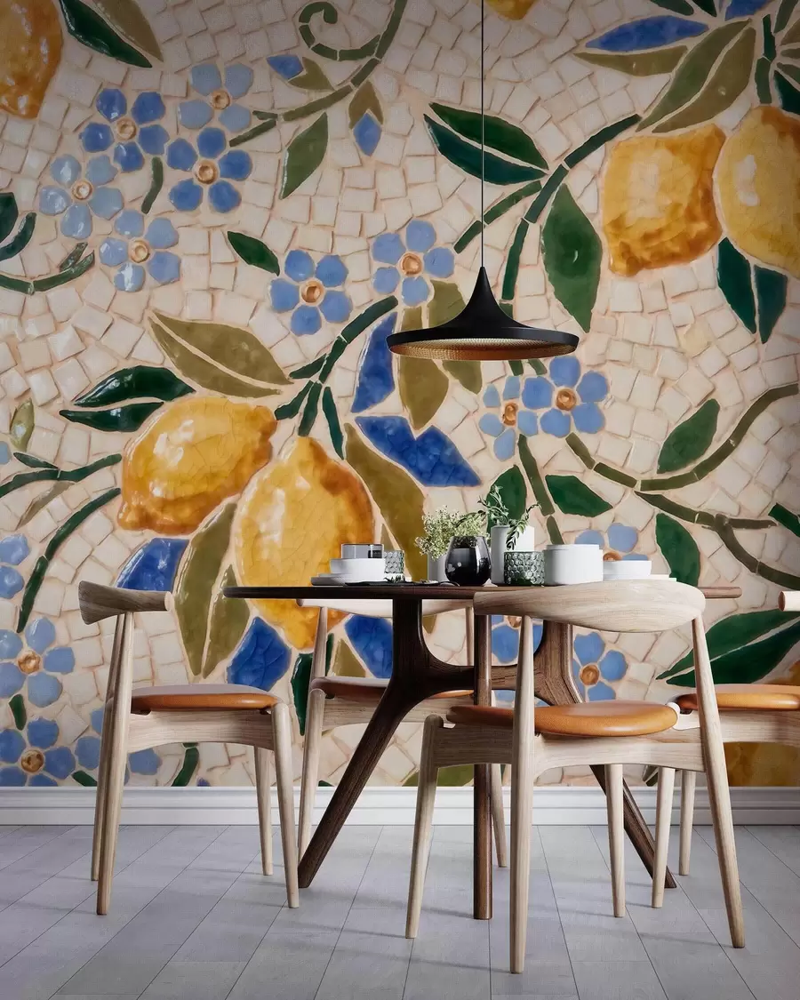 Papier peint photo Composition décorative aux couleurs vives, dans le style d'une mosaïque en céramique, représentant des citrons juteux, des fleurs, des feuilles et des branches w09948