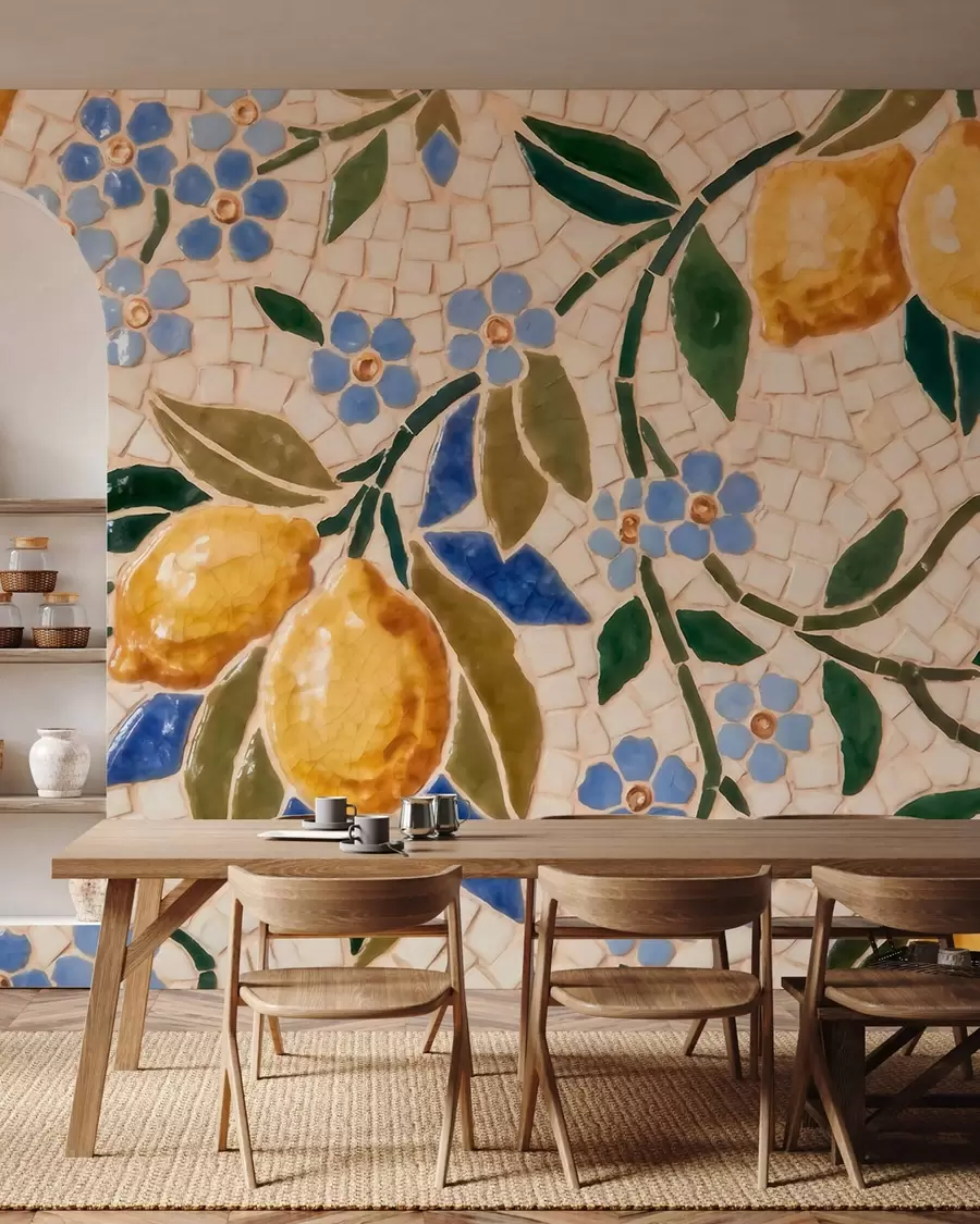 Papier peint photo Composition décorative aux couleurs vives, dans le style d'une mosaïque en céramique, représentant des citrons juteux, des fleurs, des feuilles et des branches w09948