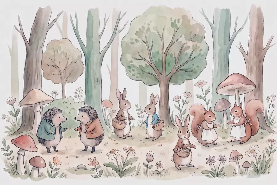 Papier peint photo Des animaux de la forêt issus d'un conte de fées, représentés dans un décor forestier dans un style aquarelle w09951