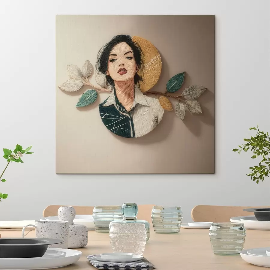  Peintures Composition décorative représentant un portrait de femme et des feuilles dans un style graphique s49710