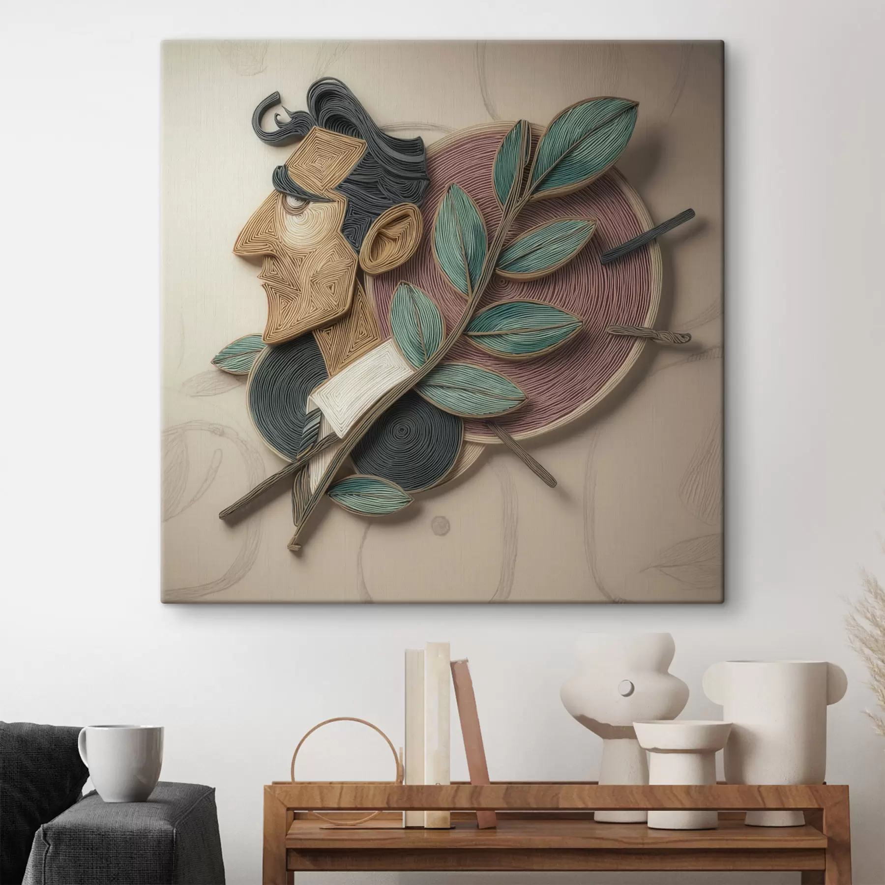  Schilderijen Abstract mannelijk portret met een bladrijke tak, uitgevoerd in een illustratiestijl met textuur s49711
