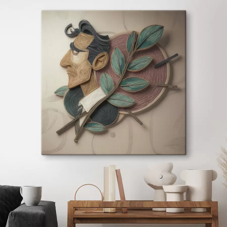  Peintures Portrait abstrait d'un homme tenant une branche feuillue, dans un style d'illustration texturé s49711