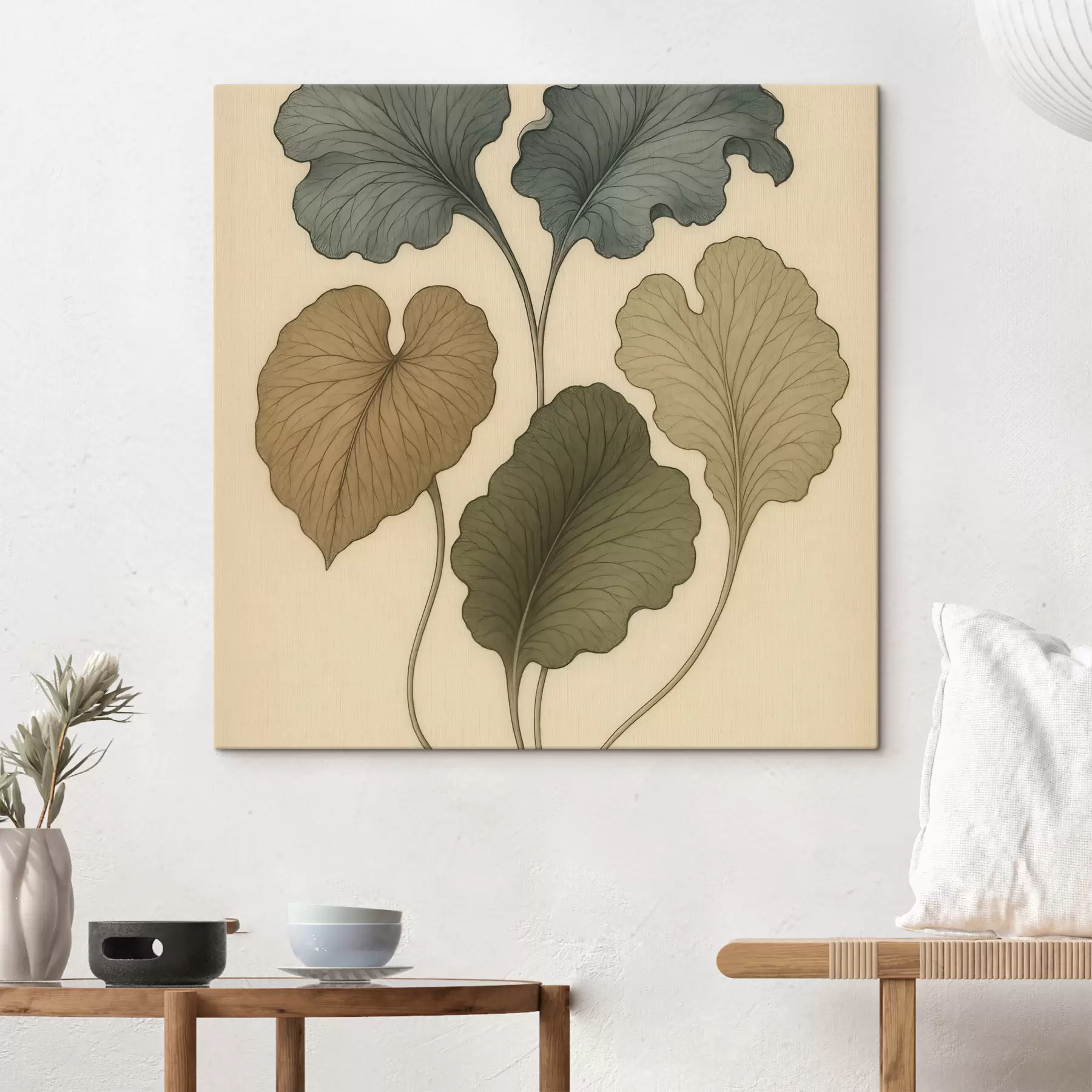  Peintures Feuilles décoratives aux teintes douces sur fond beige s49721