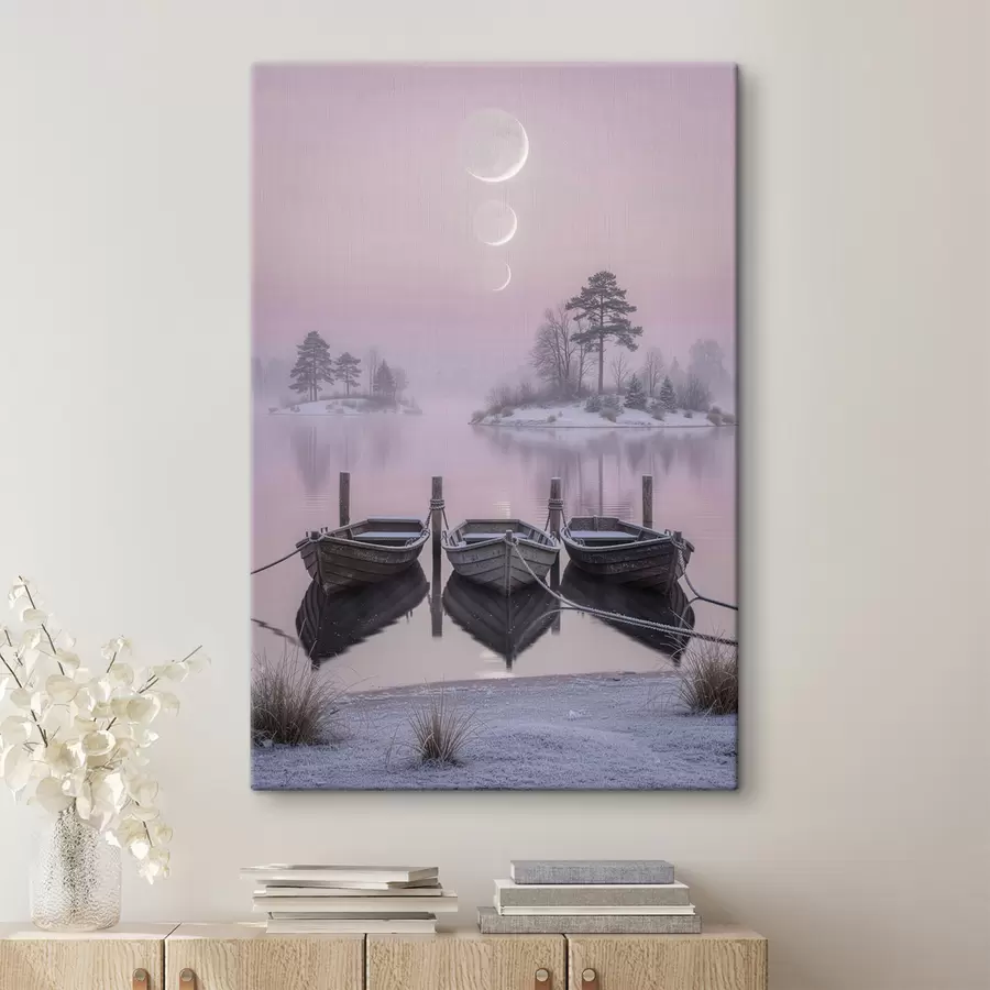  Peintures Paysage avec un lac, des bateaux et les phases de la lune, dans un style de peinture pastel s49724