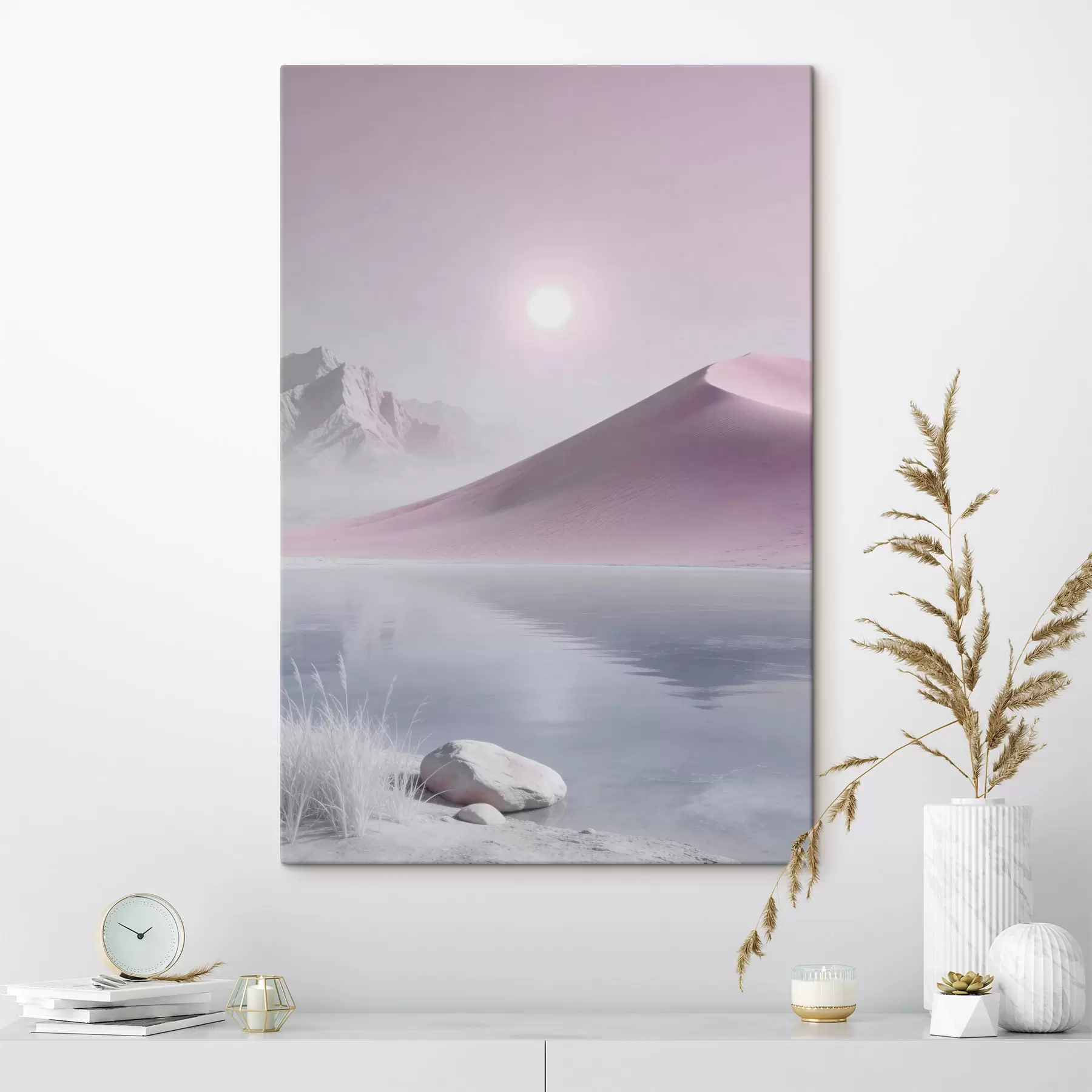  Peintures Lac de montagne près d'une colline sablonneuse aux tons pastel s49725