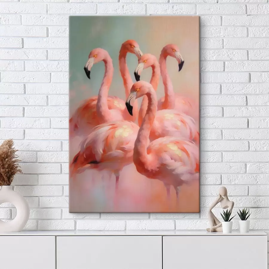  Peintures Des flamants roses aux couleurs pastel délicates, dans un style de peinture à l'huile s49726