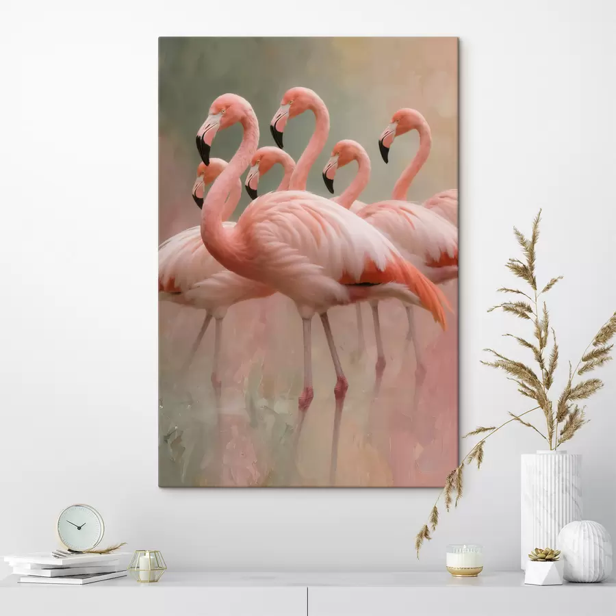  Peintures Portrait décoratif d'une volée de flamants roses dans un style pictural contemporain s49727