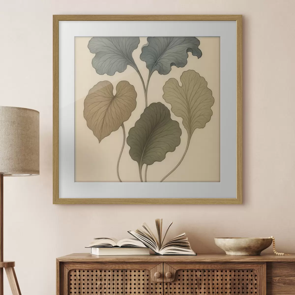 Affiche Feuilles décoratives aux teintes douces sur fond beige f49721