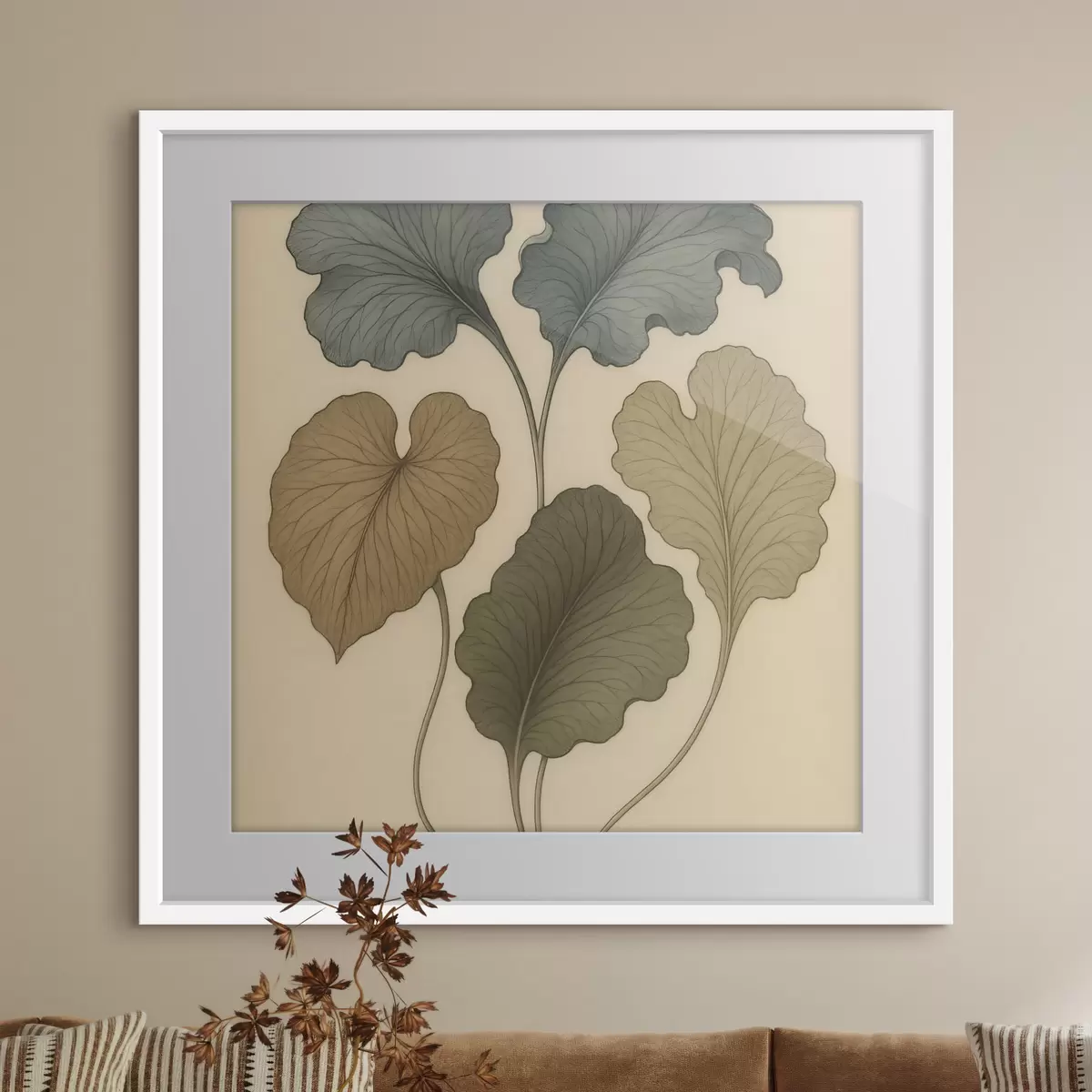 Affiche Feuilles décoratives aux teintes douces sur fond beige f49721