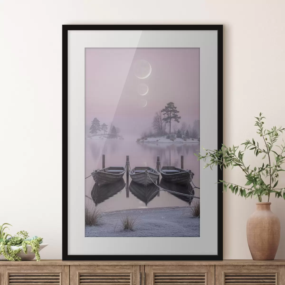 Affiche Paysage avec un lac, des bateaux et les phases de la lune, dans un style de peinture pastel f49724