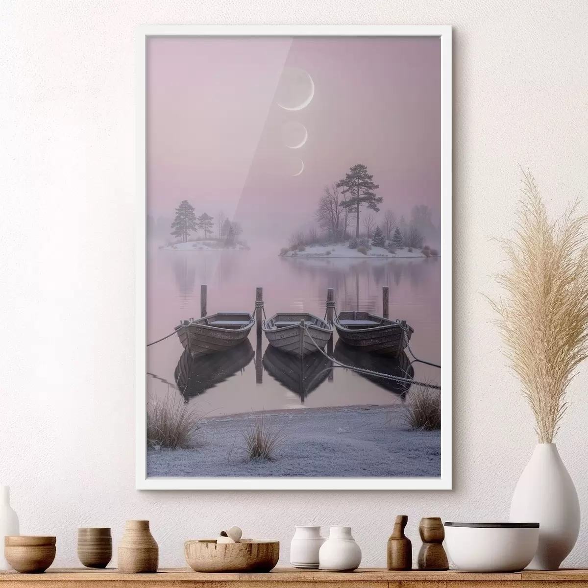 Affiche Paysage avec un lac, des bateaux et les phases de la lune, dans un style de peinture pastel f49724