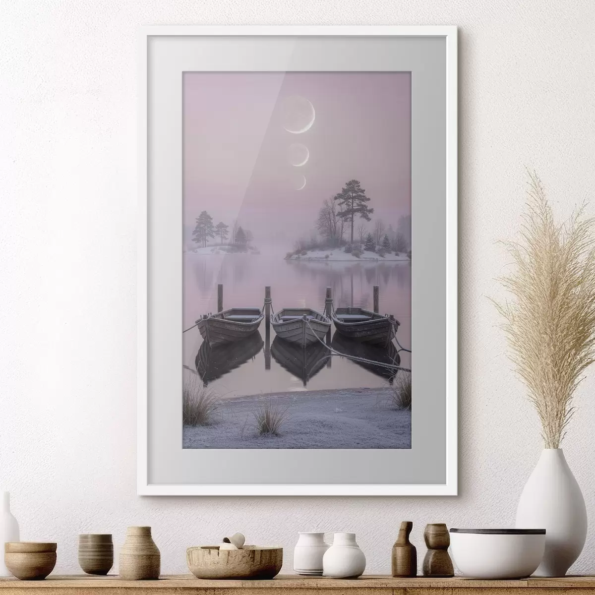 Affiche Paysage avec un lac, des bateaux et les phases de la lune, dans un style de peinture pastel f49724