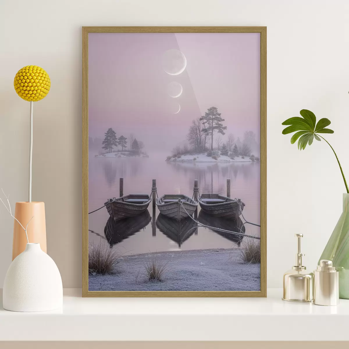 Affiche Paysage avec un lac, des bateaux et les phases de la lune, dans un style de peinture pastel f49724