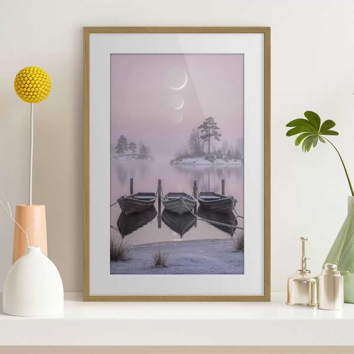 Affiche Paysage avec un lac, des bateaux et les phases de la lune, dans un style de peinture pastel f49724