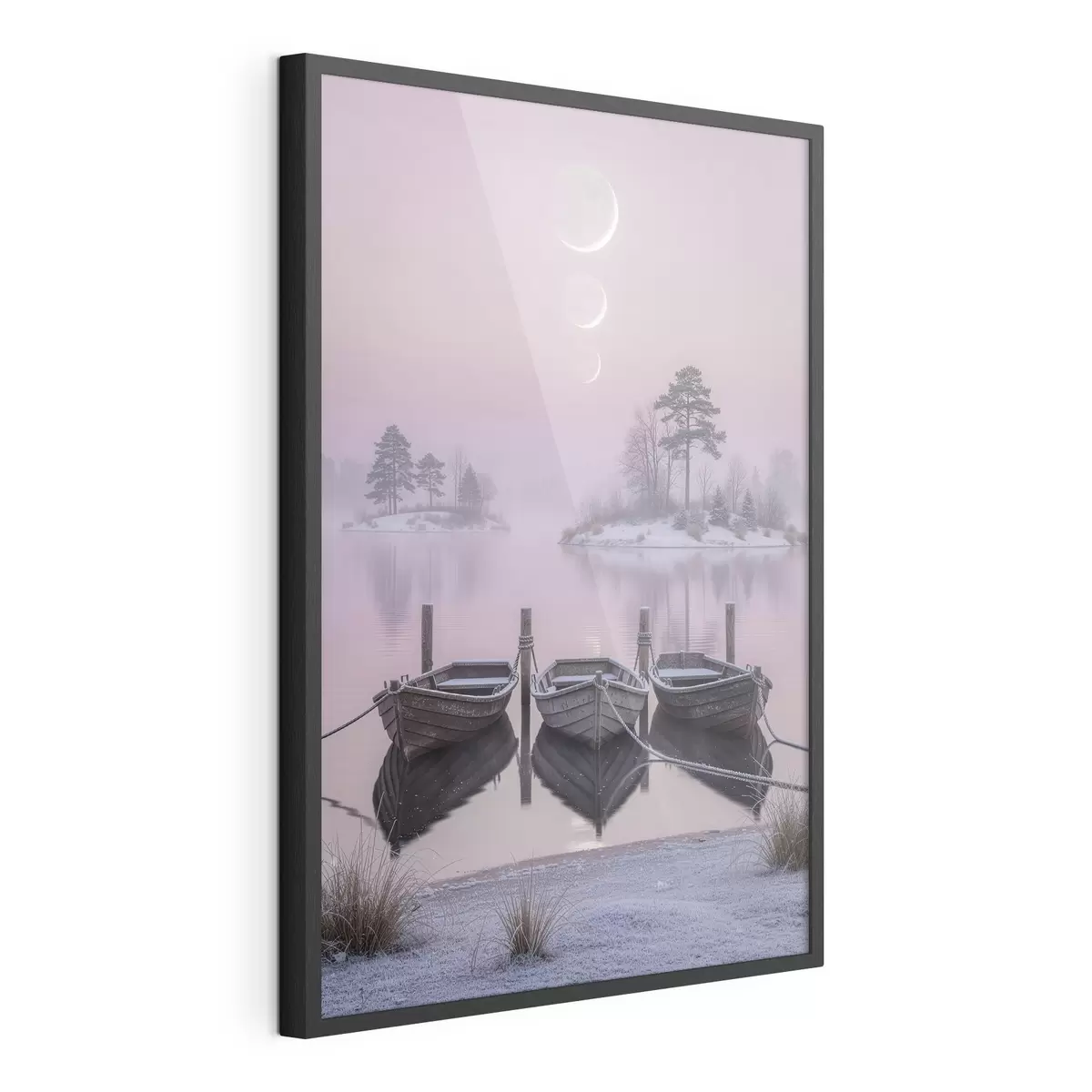 Affiche Paysage avec un lac, des bateaux et les phases de la lune, dans un style de peinture pastel f49724