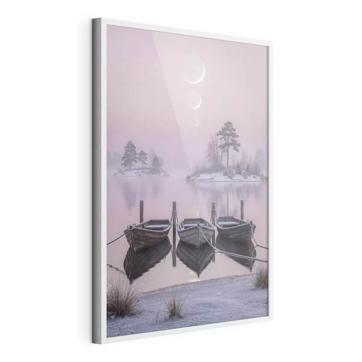 Affiche Paysage avec un lac, des bateaux et les phases de la lune, dans un style de peinture pastel f49724