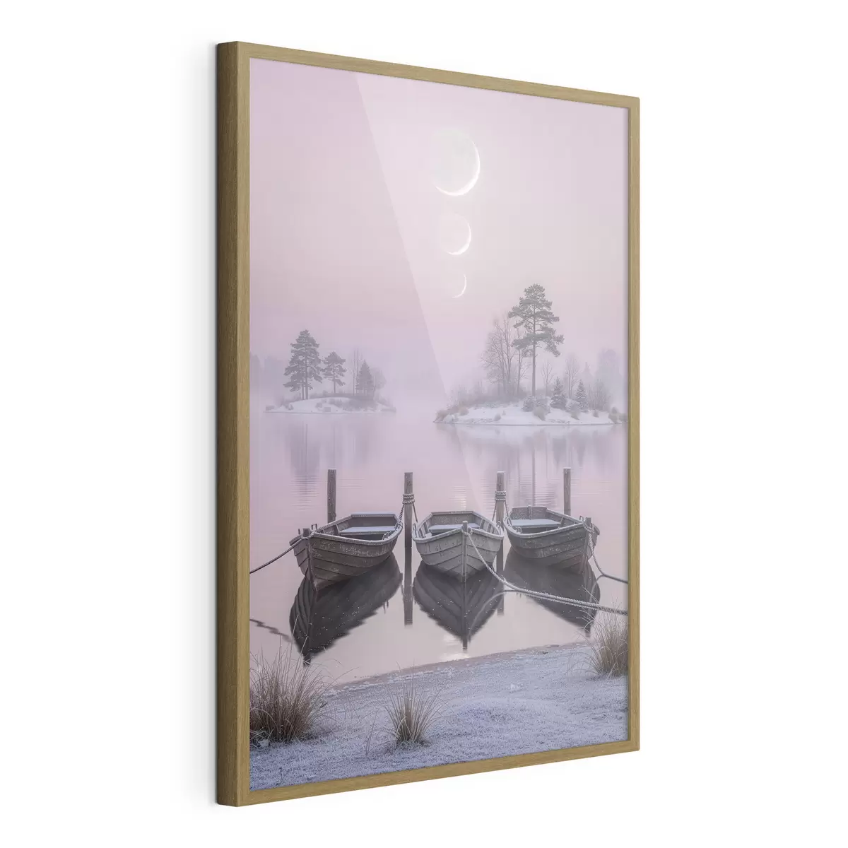 Affiche Paysage avec un lac, des bateaux et les phases de la lune, dans un style de peinture pastel f49724