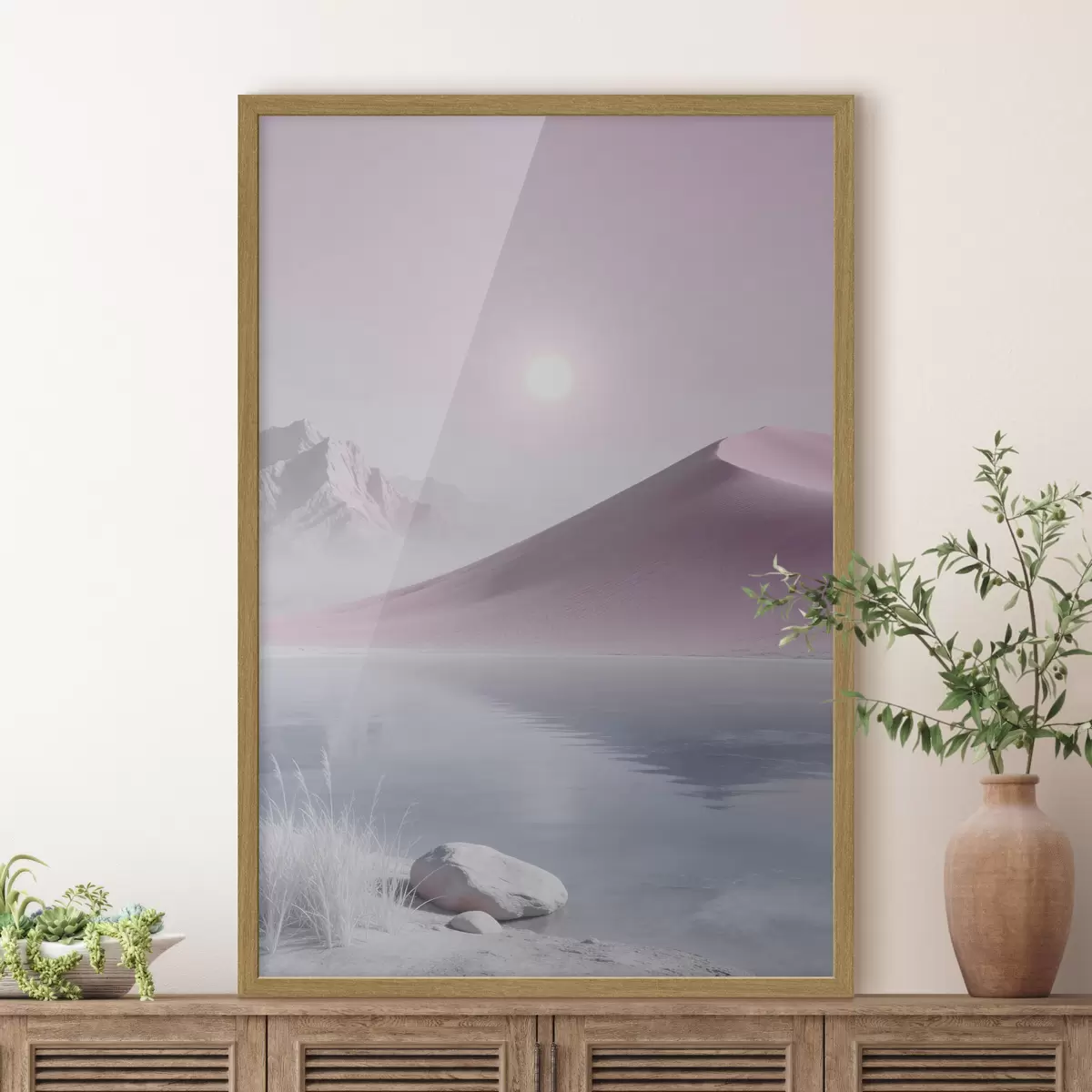 Affiche Lac de montagne près d'une colline sablonneuse aux tons pastel f49725