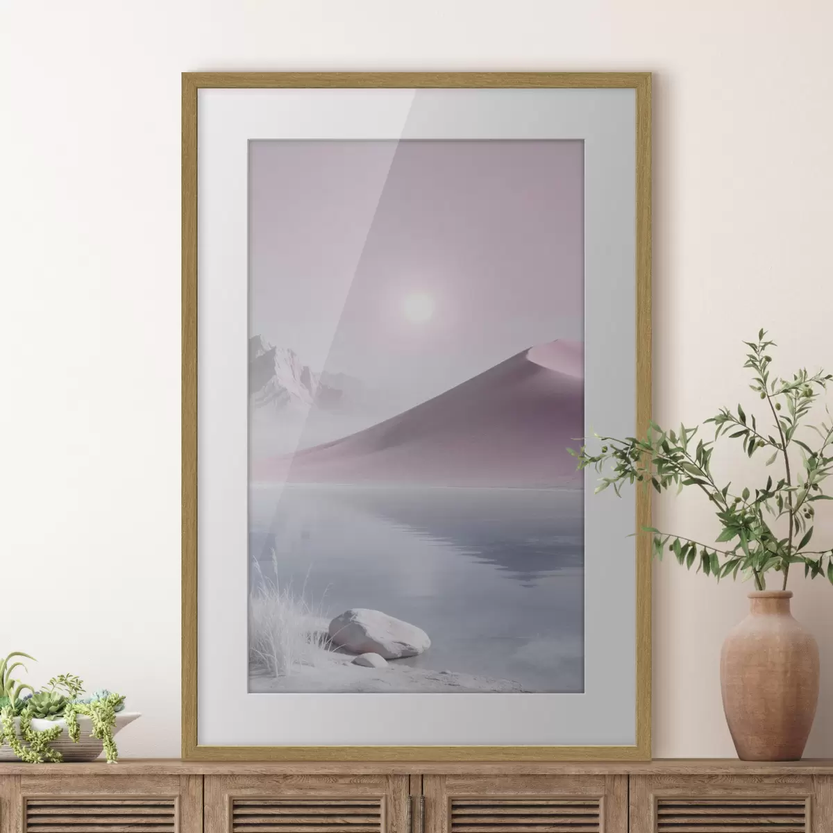 Affiche Lac de montagne près d'une colline sablonneuse aux tons pastel f49725