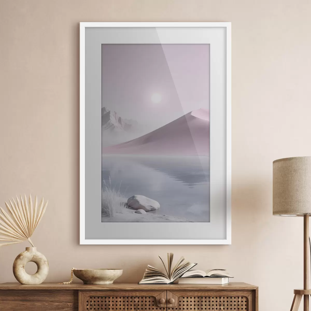 Affiche Lac de montagne près d'une colline sablonneuse aux tons pastel f49725