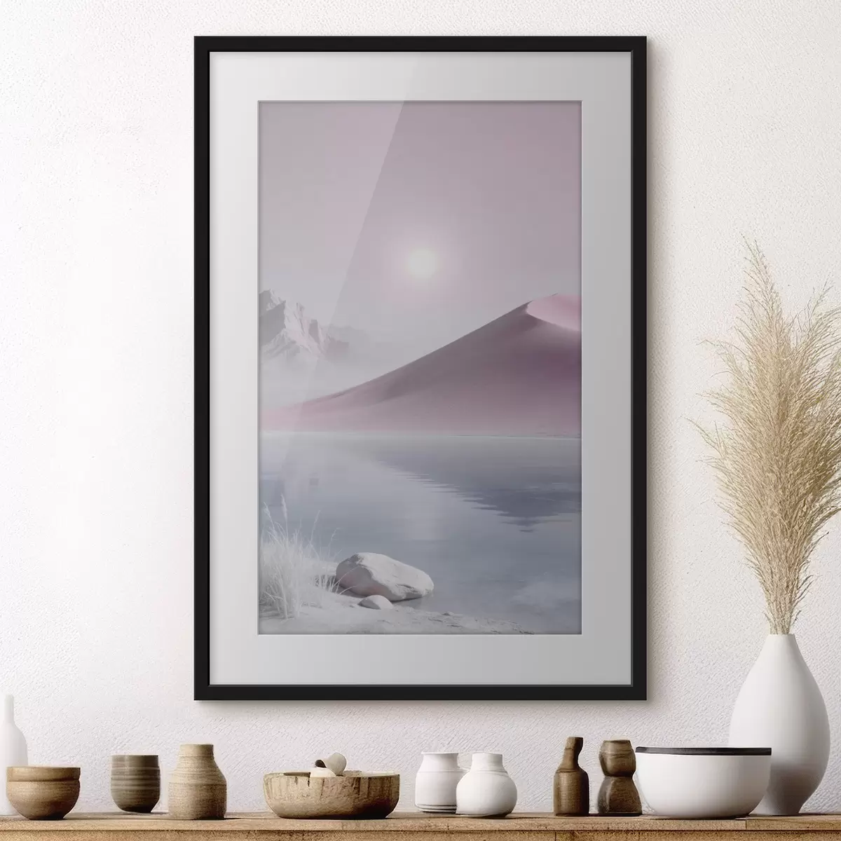 Affiche Lac de montagne près d'une colline sablonneuse aux tons pastel f49725