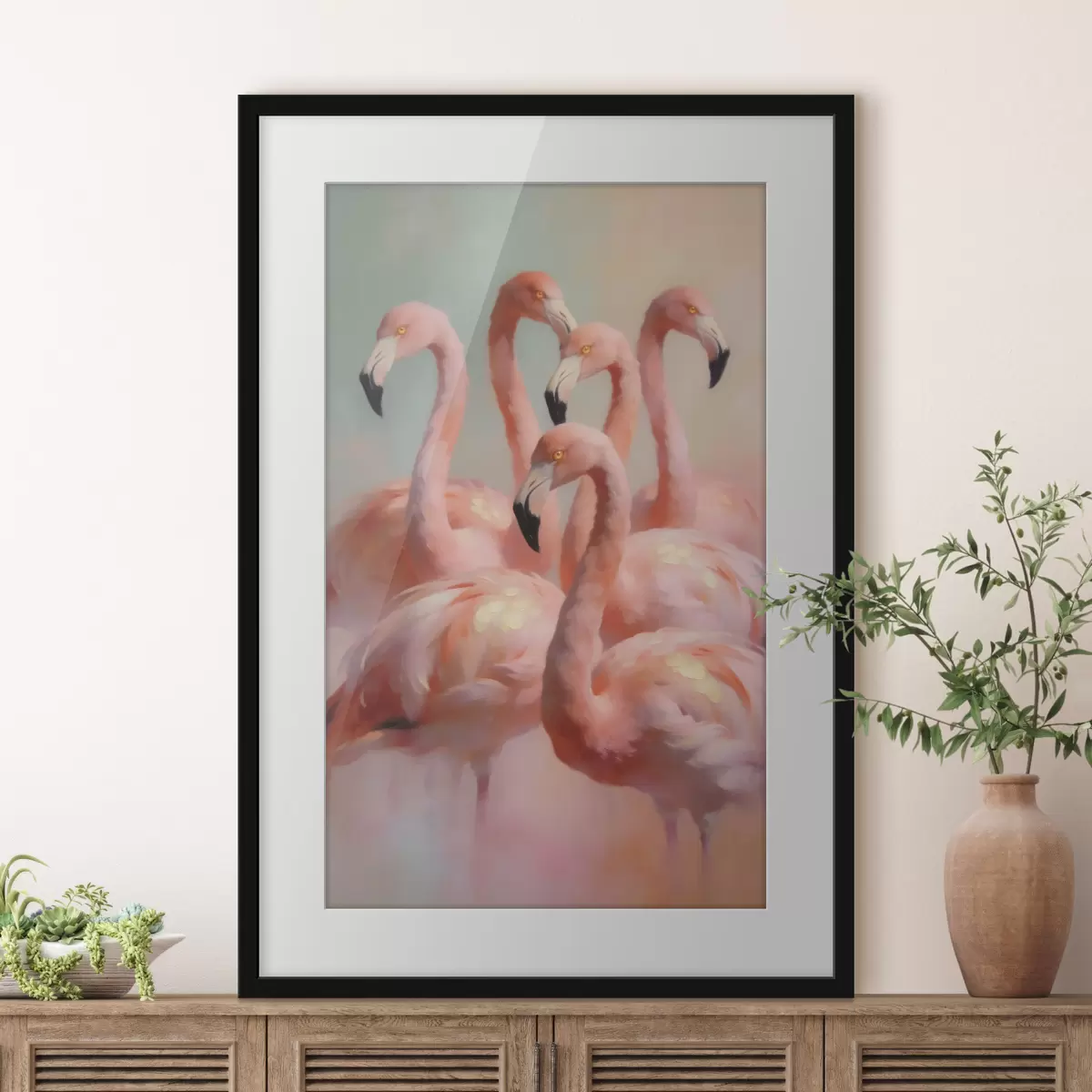 Affiche Des flamants roses aux couleurs pastel délicates, dans un style de peinture à l'huile f49726