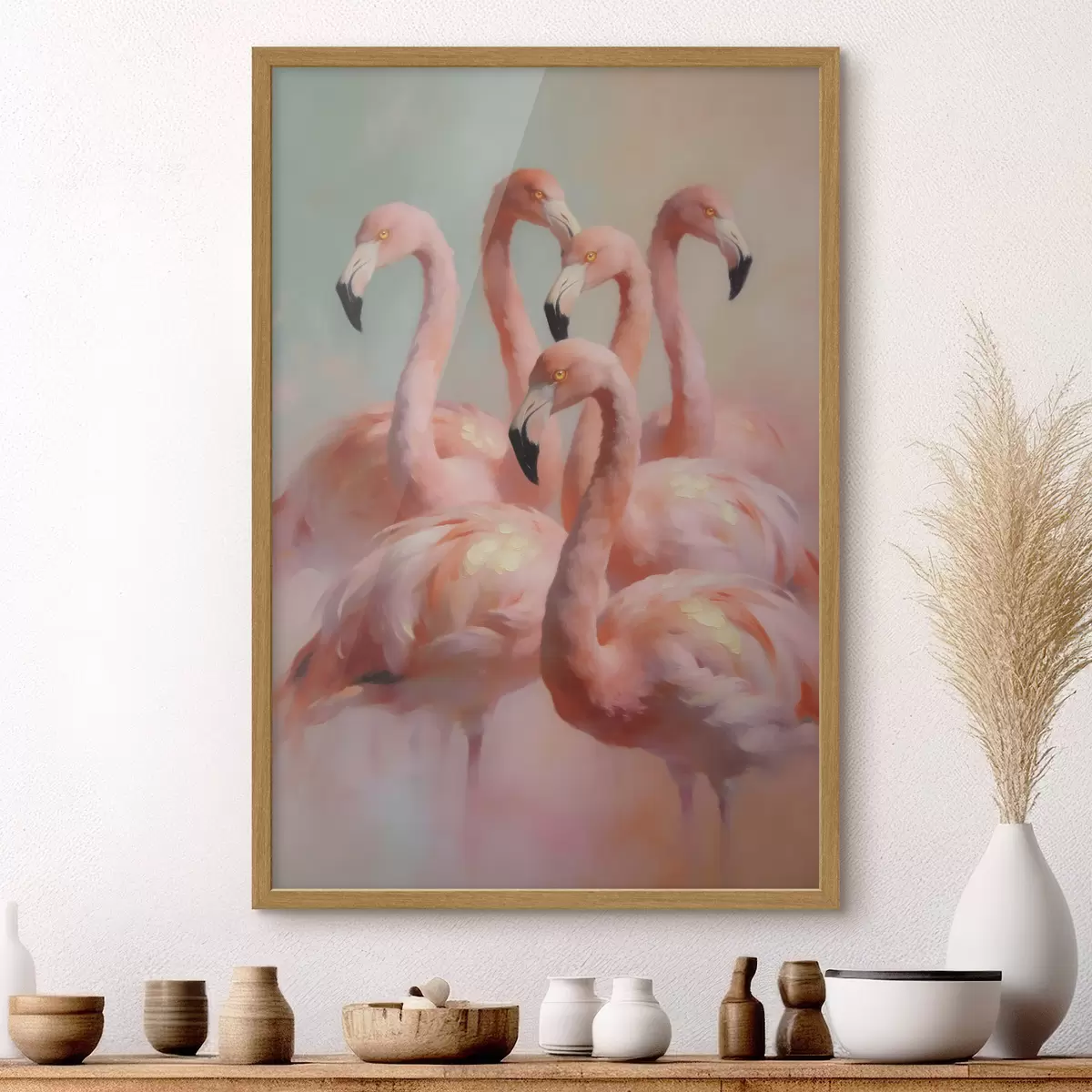 Affiche Des flamants roses aux couleurs pastel délicates, dans un style de peinture à l'huile f49726