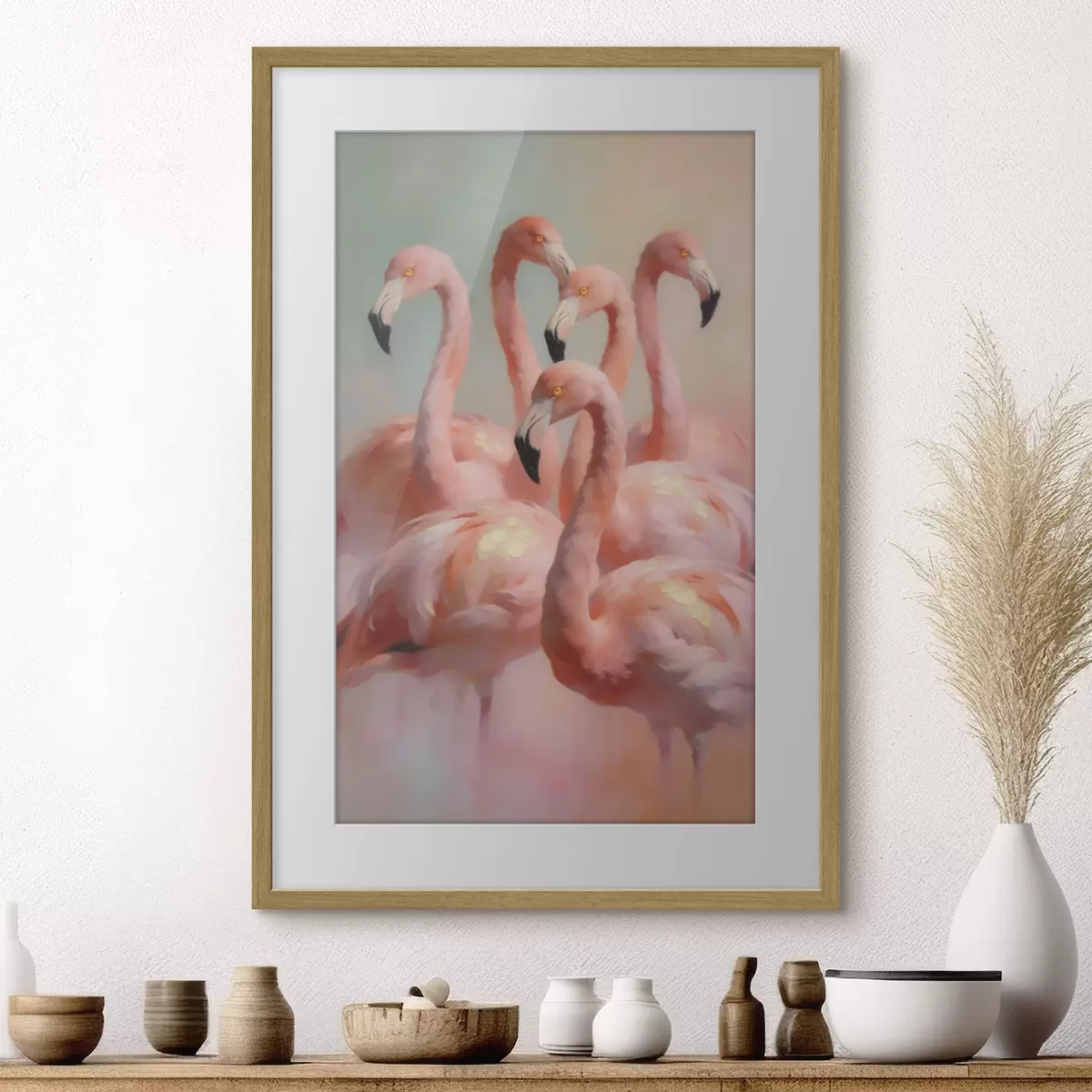 Affiche Des flamants roses aux couleurs pastel délicates, dans un style de peinture à l'huile f49726
