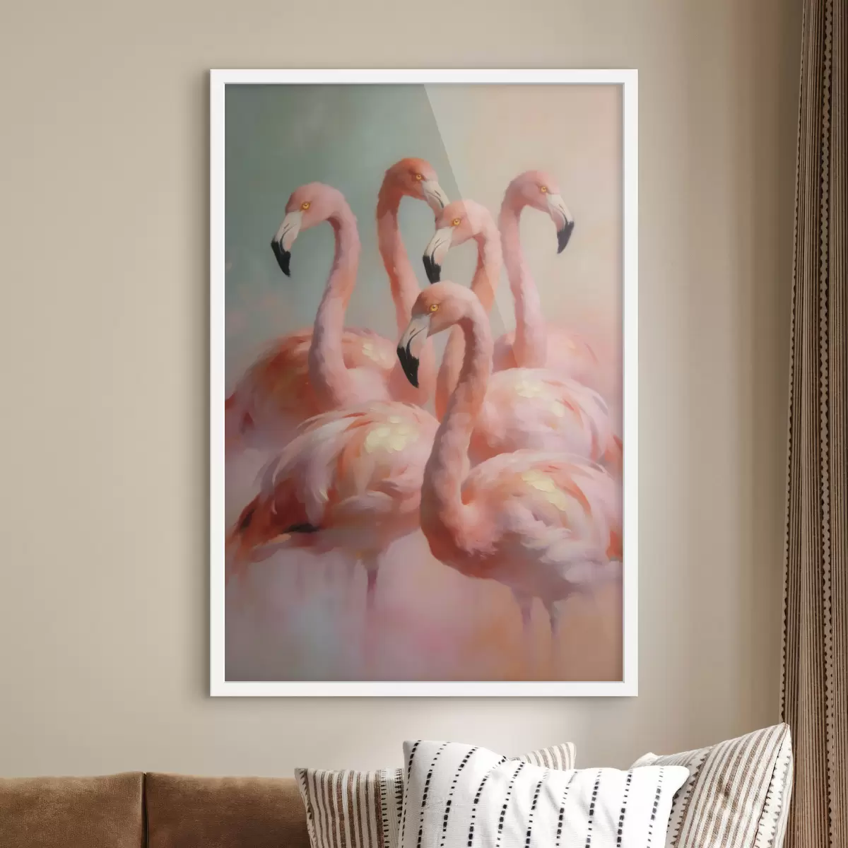 Affiche Des flamants roses aux couleurs pastel délicates, dans un style de peinture à l'huile f49726