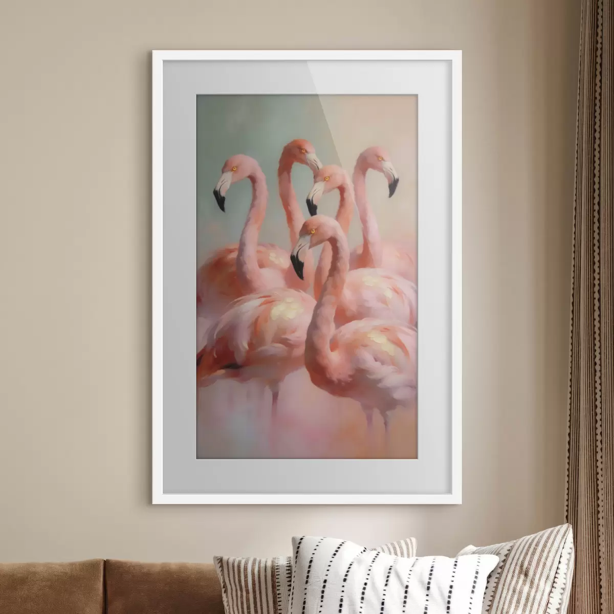 Affiche Des flamants roses aux couleurs pastel délicates, dans un style de peinture à l'huile f49726