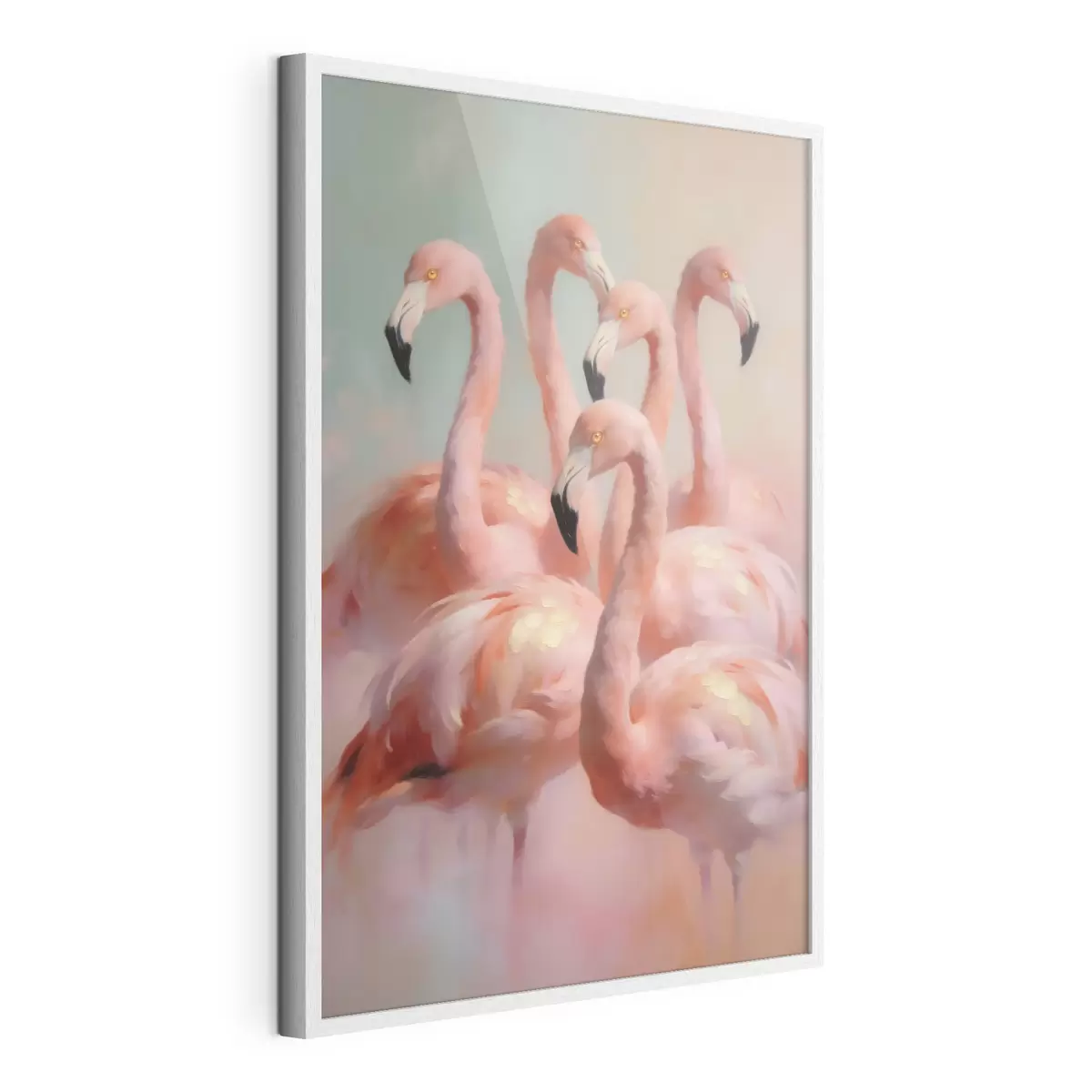 Affiche Des flamants roses aux couleurs pastel délicates, dans un style de peinture à l'huile f49726