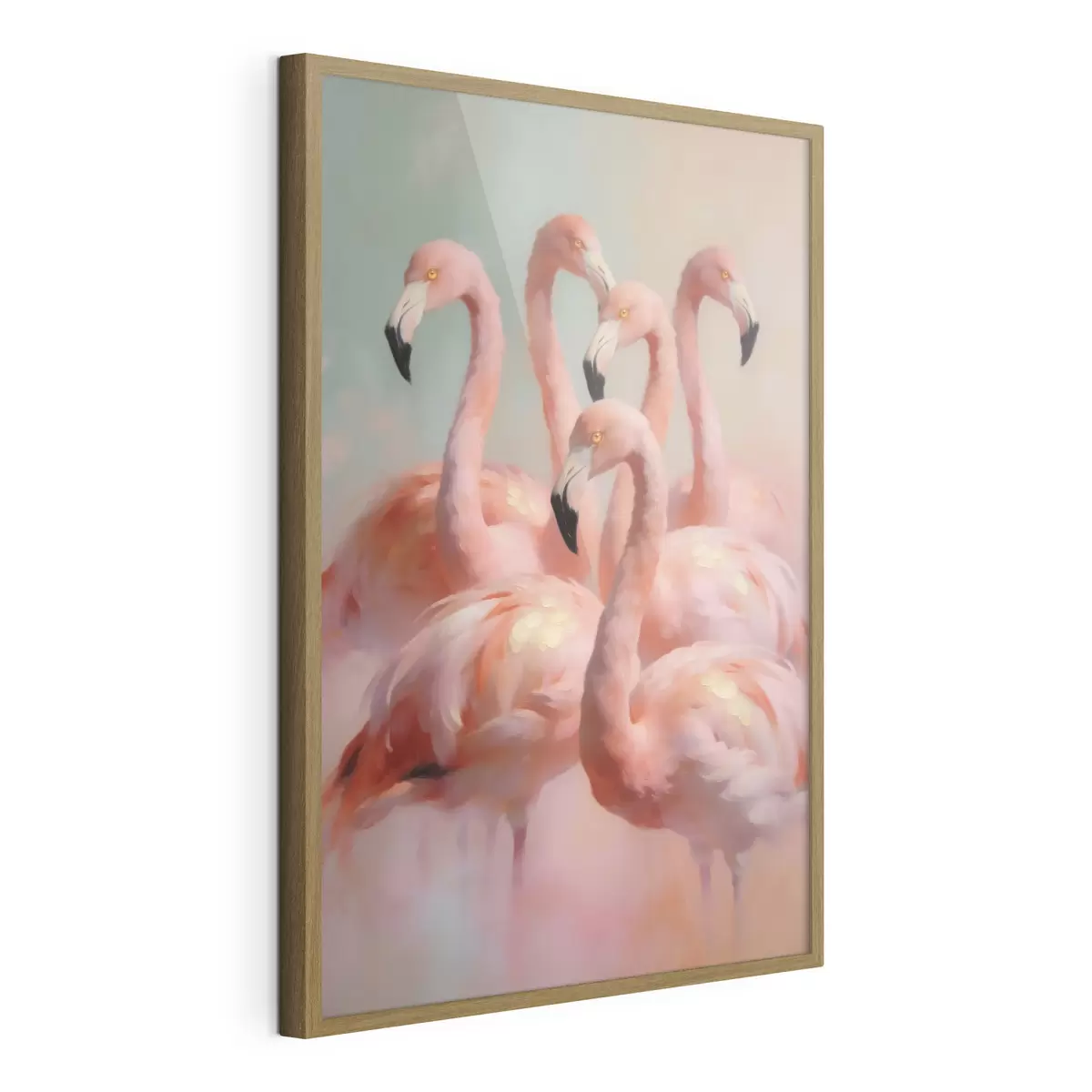 Affiche Des flamants roses aux couleurs pastel délicates, dans un style de peinture à l'huile f49726